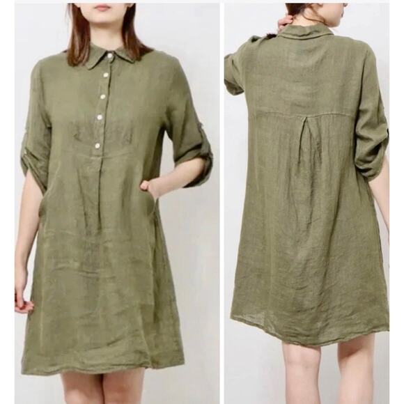 NWT ELENA BALDI M 100% Linen Olive Tunic Dress Minimalist Lagenlook 3/4 Roll-Tab - Picture 2 of 9
